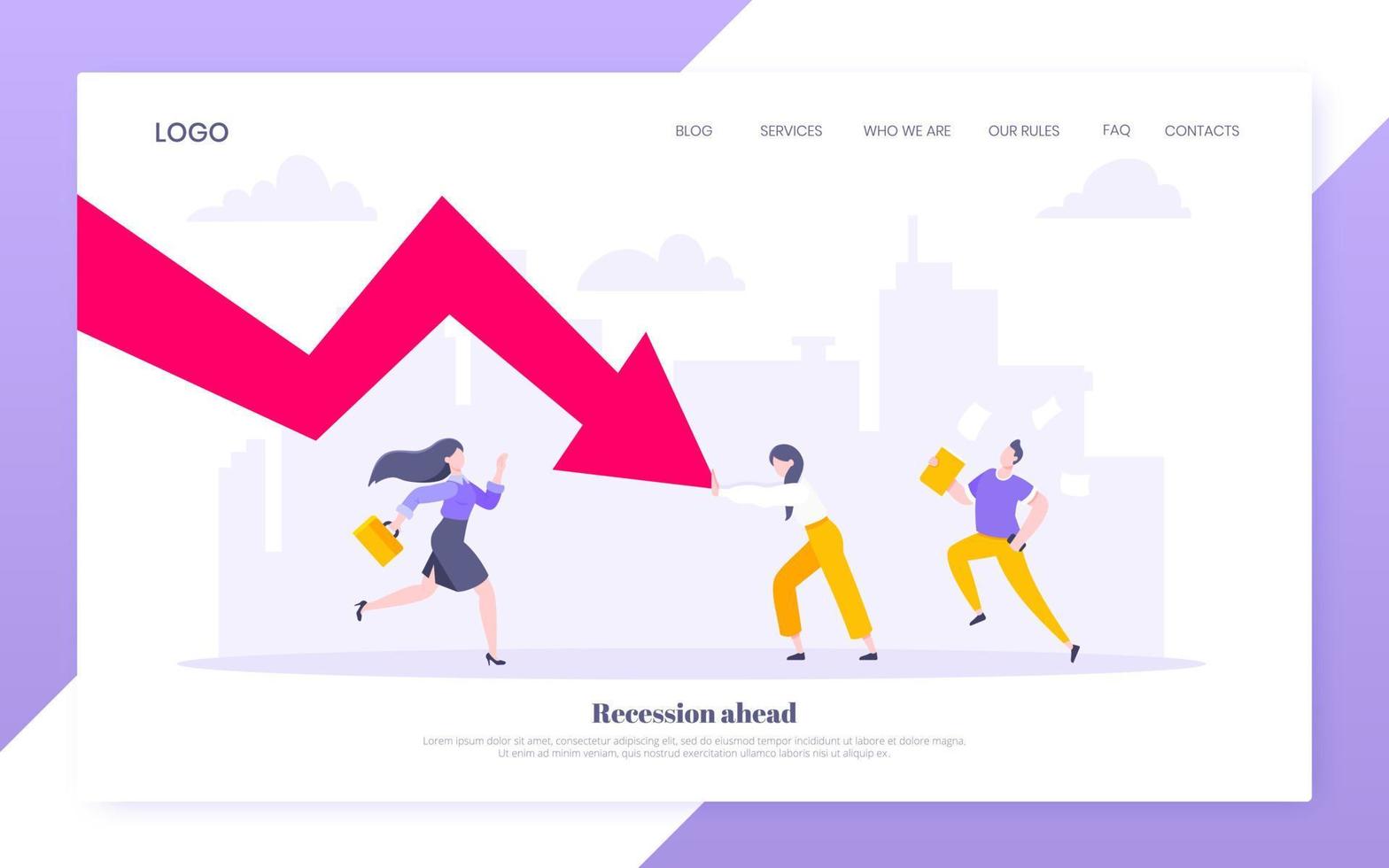 Cost reduction and business bankruptcy concept. Young adult people pushed red crisis arrow downturn vector illustration.