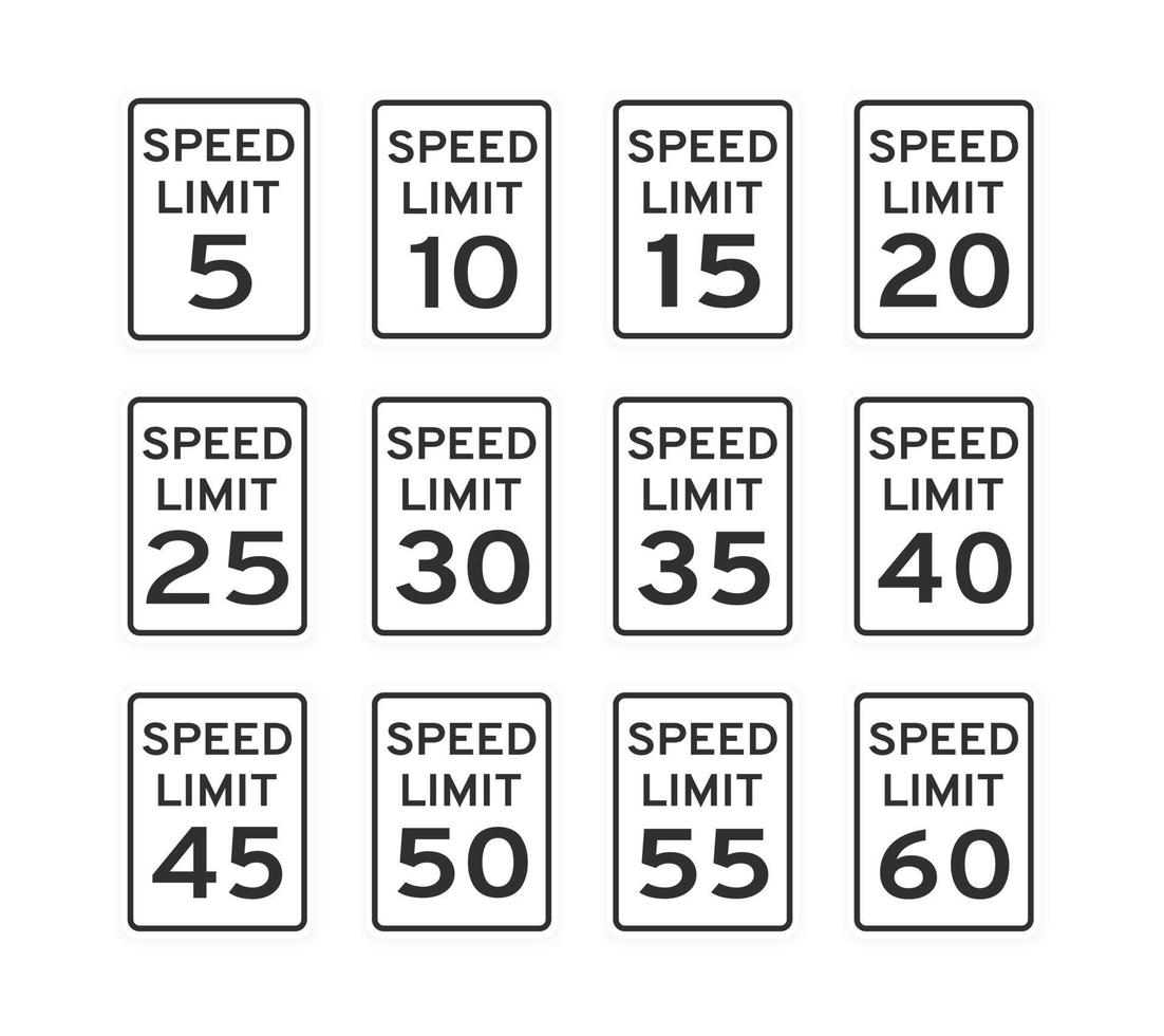 Speed limit road traffic icon signs set flat style design vector illustration isolated on white background.