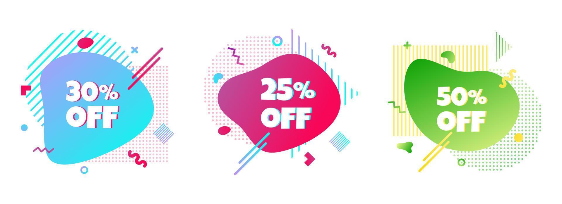 3 Modern liquid abstract special offer price sign 25, 30, 50 off DISCOUNT set text gradient flat style design fluid vector colorful vector illustration banners or flyer leflet icon.