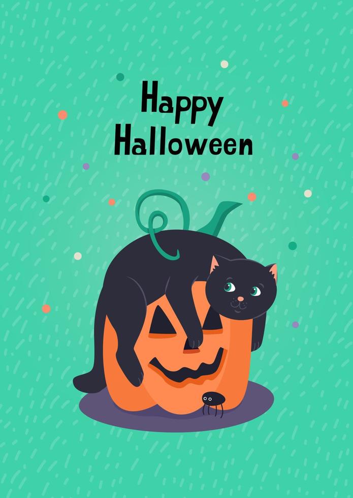 Happy Halloween greeting card with cute black kitten and jack-o-lantern pumpkin. Hand drawn lettering and vector illustration