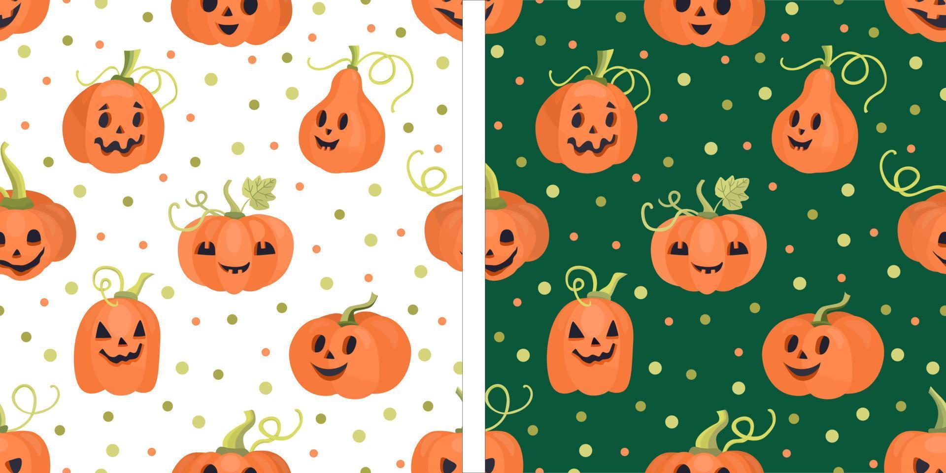 Two Halloween seamless patterns with Jack o lanterns pumpkins on white and green backgrounds. Hand drawn flat illustration. vector