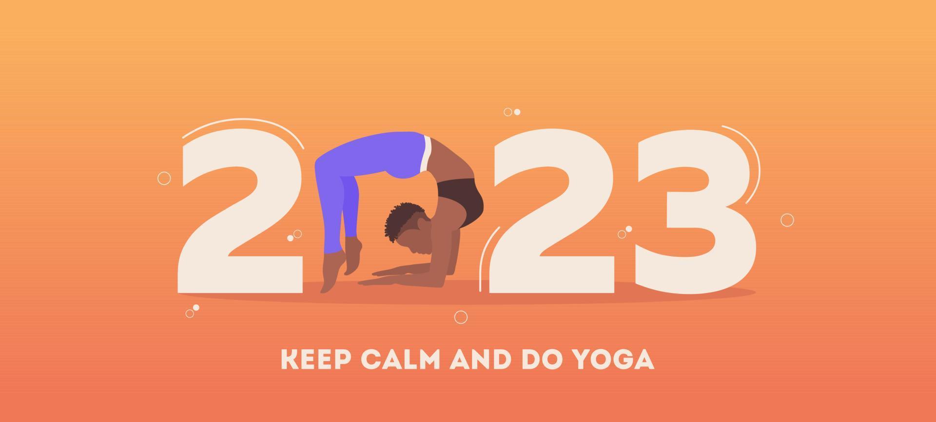 2023 new year vector banner with a girl doing yoga. Woman in Chakrasana pose with flat big numbers. Vector illustration modern layout template design