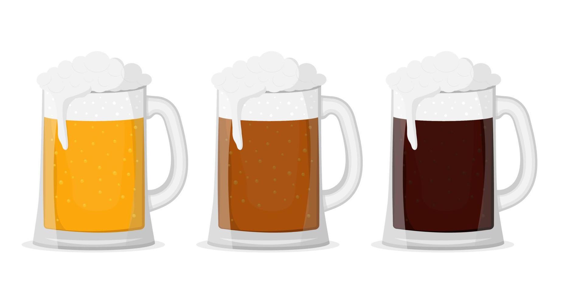 Different types of beer in a mug flat illustrations set vector