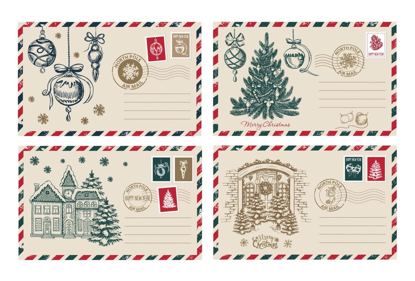 correo de navidad, postal, ilustración dibujada a mano. vector