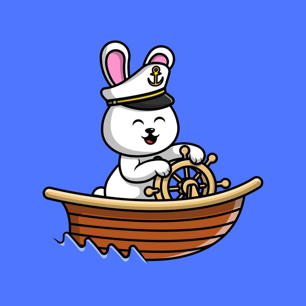 Cute Rabbit Riding Boat Cartoon Vector Icon Illustration.  Flat Cartoon Concept.