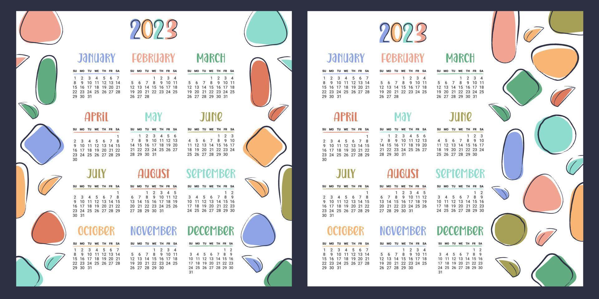 Wall calendar square 2023. Floral organizer template. Modern monthly planner with abstract color flowers, plants. Week starts on Sunday.  Vector flat illustration for print