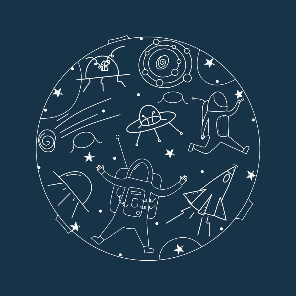 Set of space objects in doodle style. Astronaut, rocket, meteor. Vector illustration