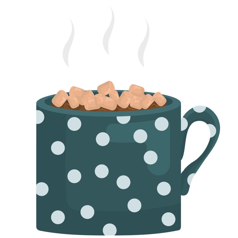 Mug of hot chocolate with marshmallows. Blue cup with pattern. Sweet milky drink for cafe banners. Vector illustration for home comfort and the cold season themes.