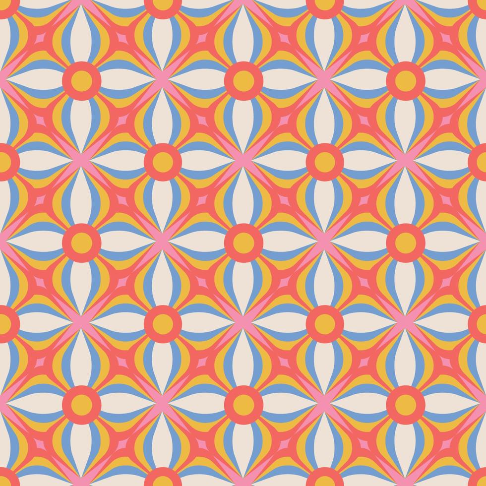 70's Retro Seamless Pattern with geometric flowers. 60s and 70s Aesthetic Style. Vector colorful vector illustration.