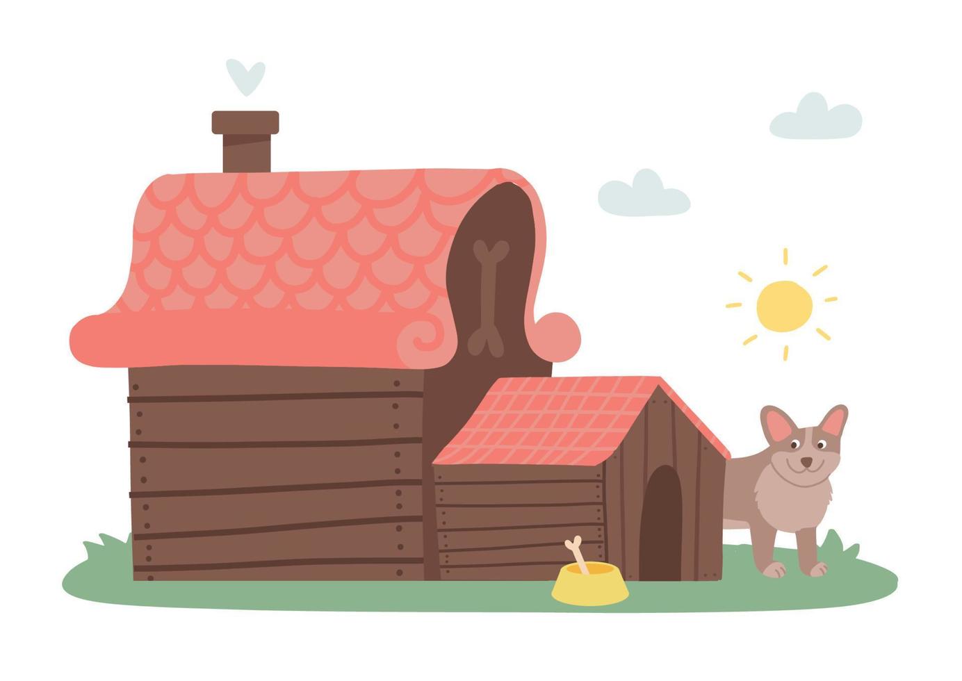 Dog staying near huge wooden kennel with bone in bowl. Vector flat cartoon illustration of cute puppy and doghouse isolated on white background