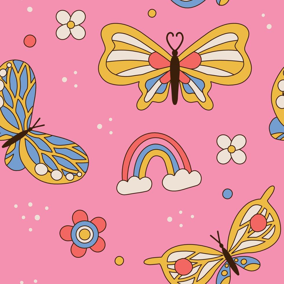 Seamless pattern with retro daisies, butterflies and rainbow. Summer simple minimalist flowers. 70s groovy style elements. Spring daisy flowers. Colorful background. Vector hand drawn illustration.