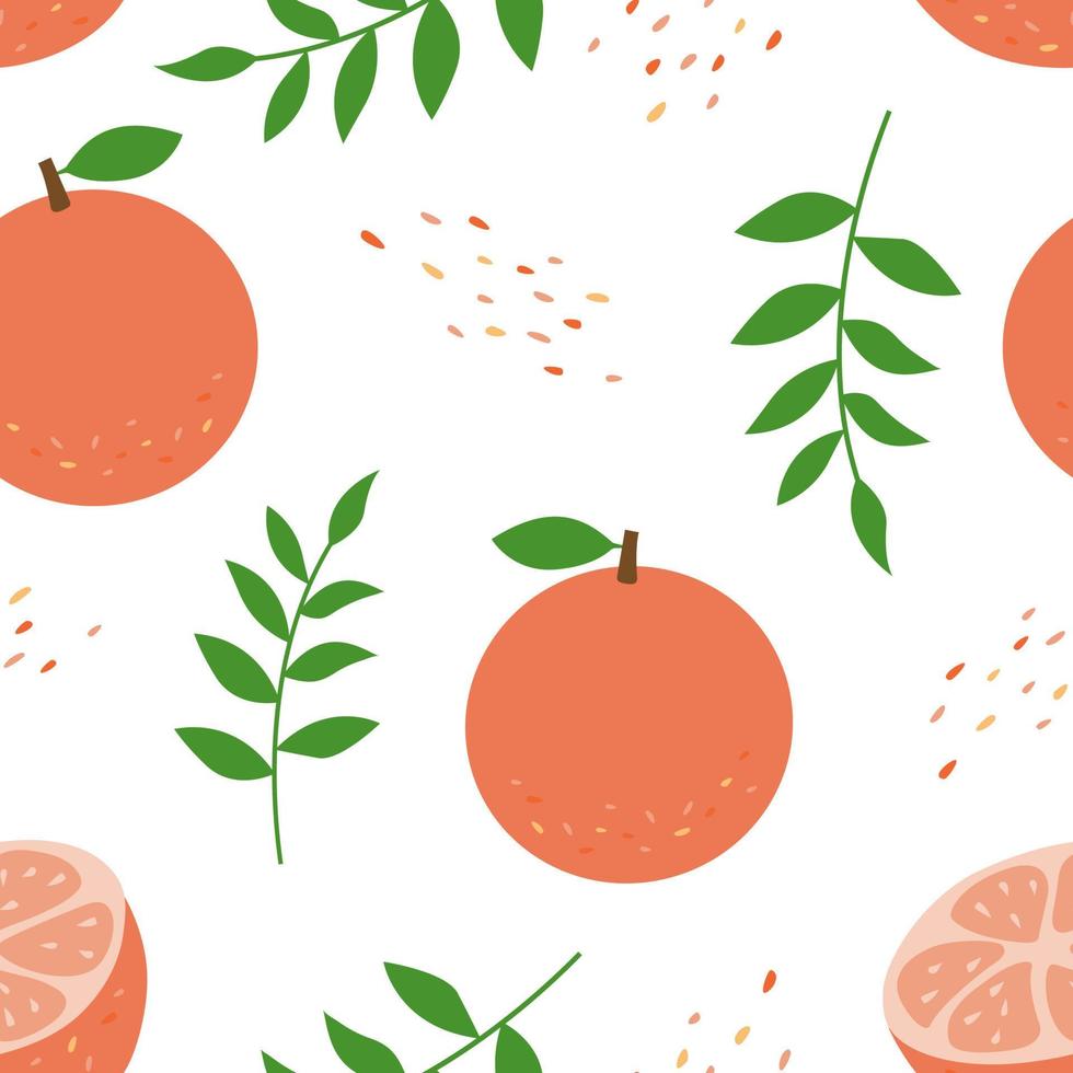 Seamless pattern with grapefruits and leaves on a white background. Delicate vector background for clothing or textiles