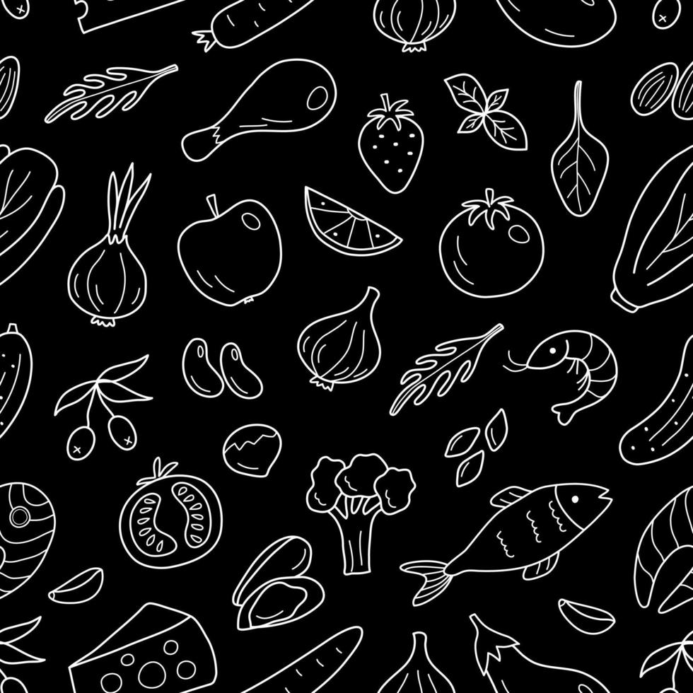 A doodle-style pattern with food products on a black background vector