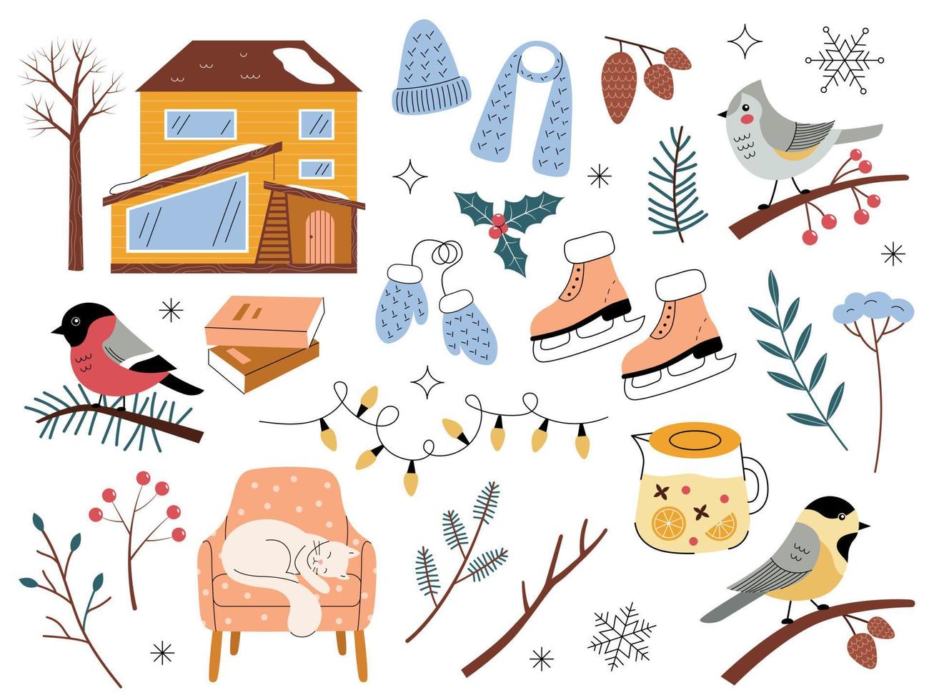 Winter set with botanical elements and cozy objects. Vector illustration in a trending flat style with an outline. House, tree, birds, branches, fir cones, clothes. Romantic collection