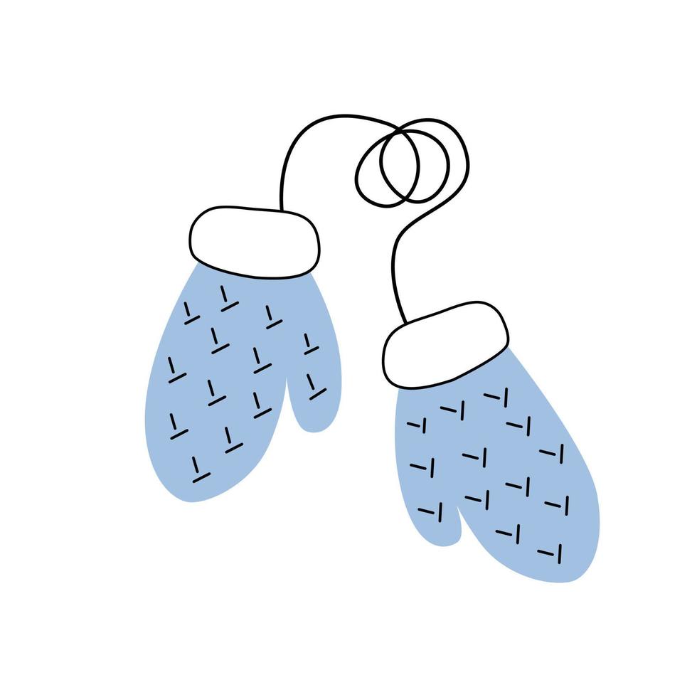 Blue winter mittens on a rope in flat style. Vector illustration isolated on a white background. Perfect for a postcard, sticker, coloring book or as a label for a knitted product