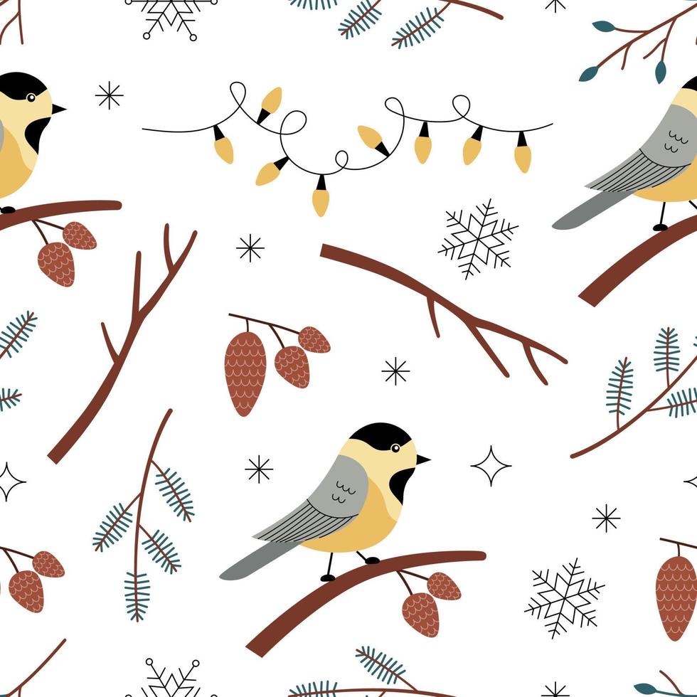 Seamless pattern with titmouse bird, branches, snowflake, cone and garland on a white background. Botanical winter vector illustration in aestethic hand drawn style