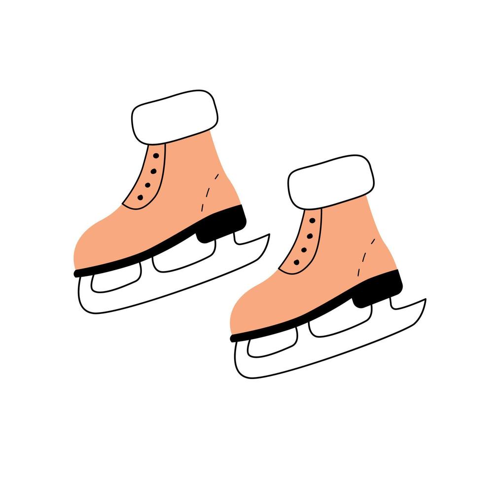 A pair of women's skates with fur. Vector element with ice skates in a cute hand-drawn style. Colorful isolated object on a white background