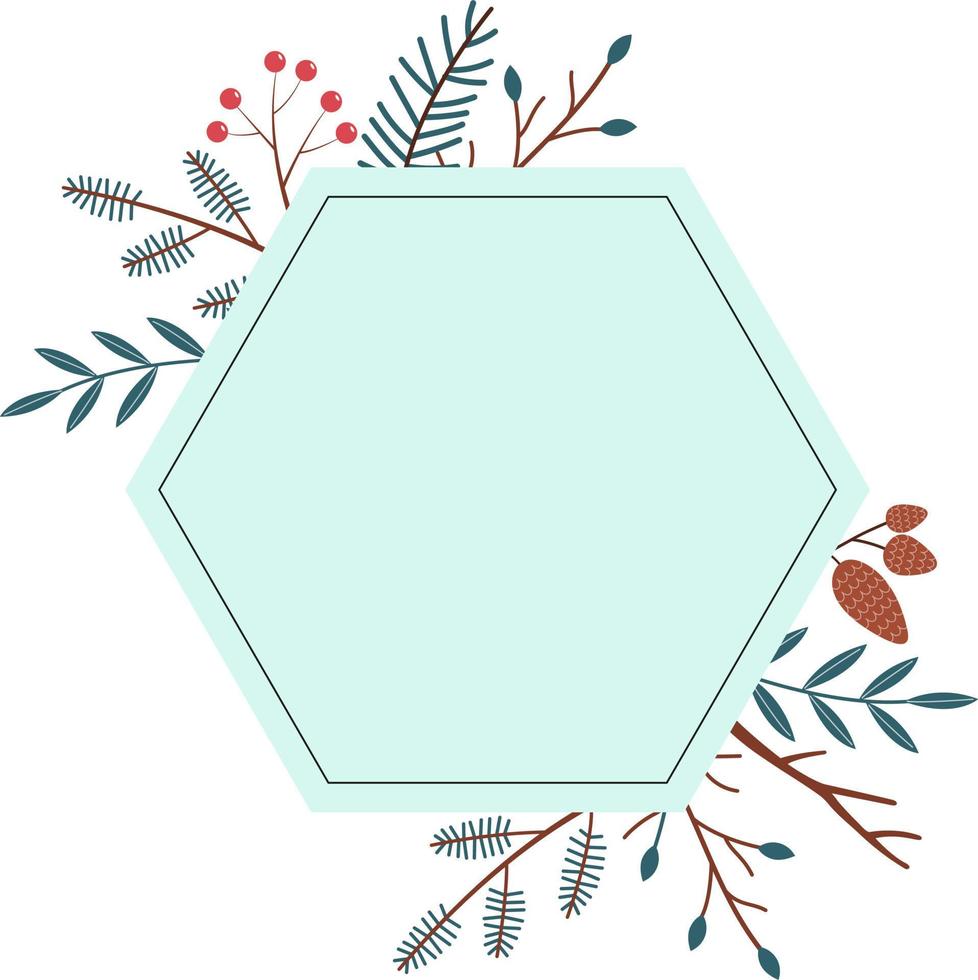 Twigs, fir branches and berries in the shape of a polygon. Vector border copy space for a postcard or seasonal banner. Aesthetic botanical illustration. Winter design