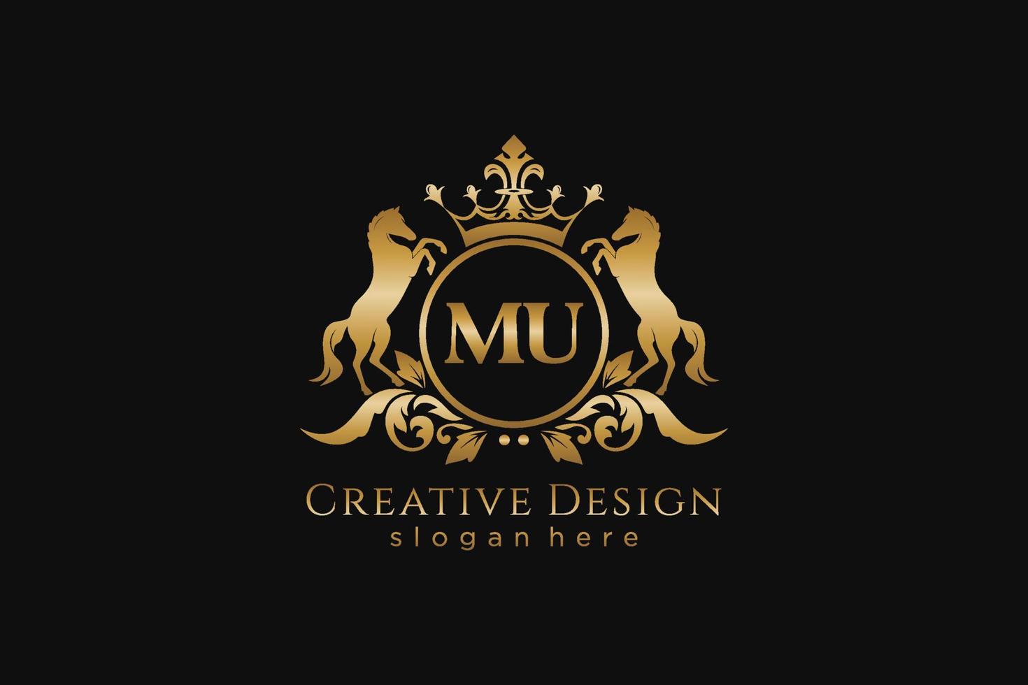 cresta de oro retro mu inicial con círculo y dos caballos, plantilla de insignia con pergaminos y corona real - perfecto para proyectos de marca de lujo vector