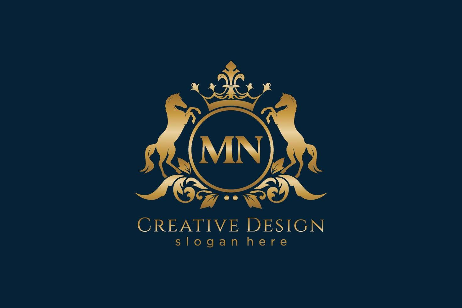 initial MN Retro golden crest with circle and two horses, badge template with scrolls and royal crown - perfect for luxurious branding projects vector