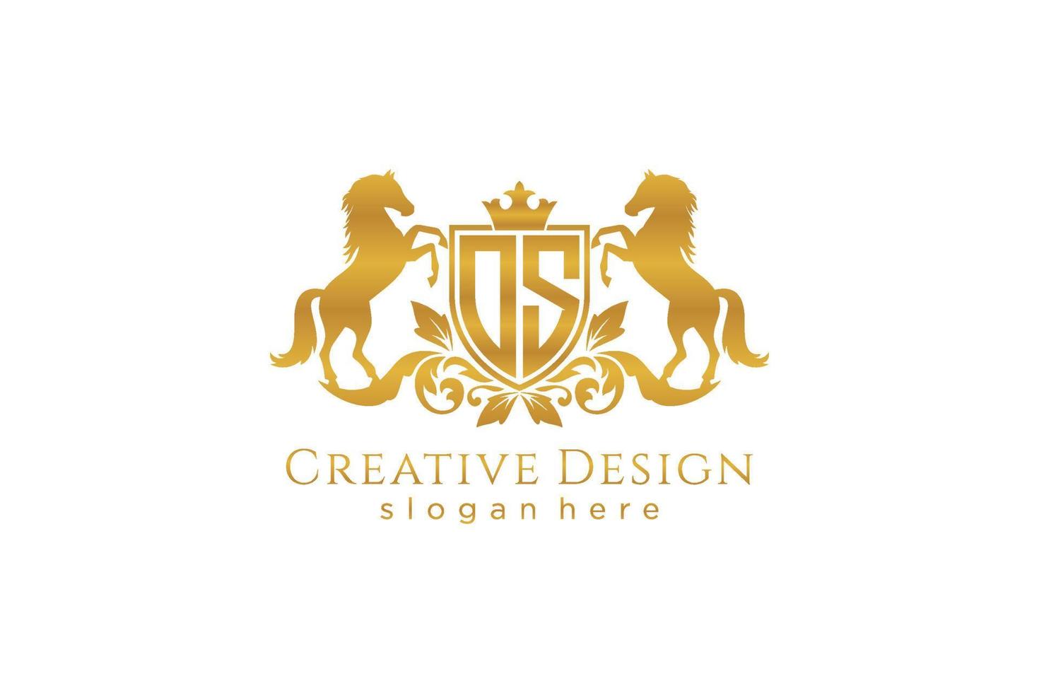 initial OS Retro golden crest with shield and two horses, badge template with scrolls and royal crown - perfect for luxurious branding projects vector