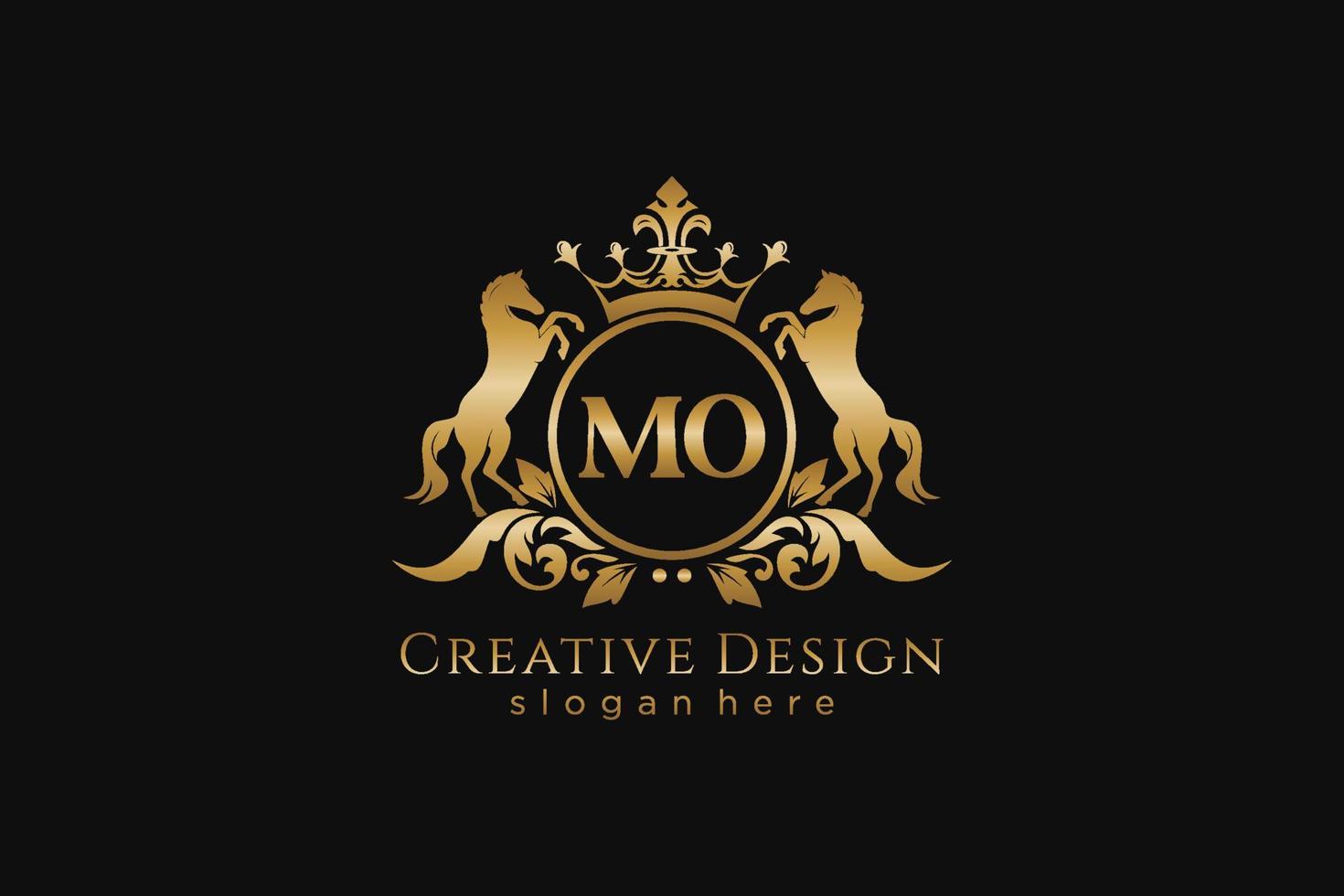 initial MO Retro golden crest with circle and two horses, badge template with scrolls and royal crown - perfect for luxurious branding projects vector