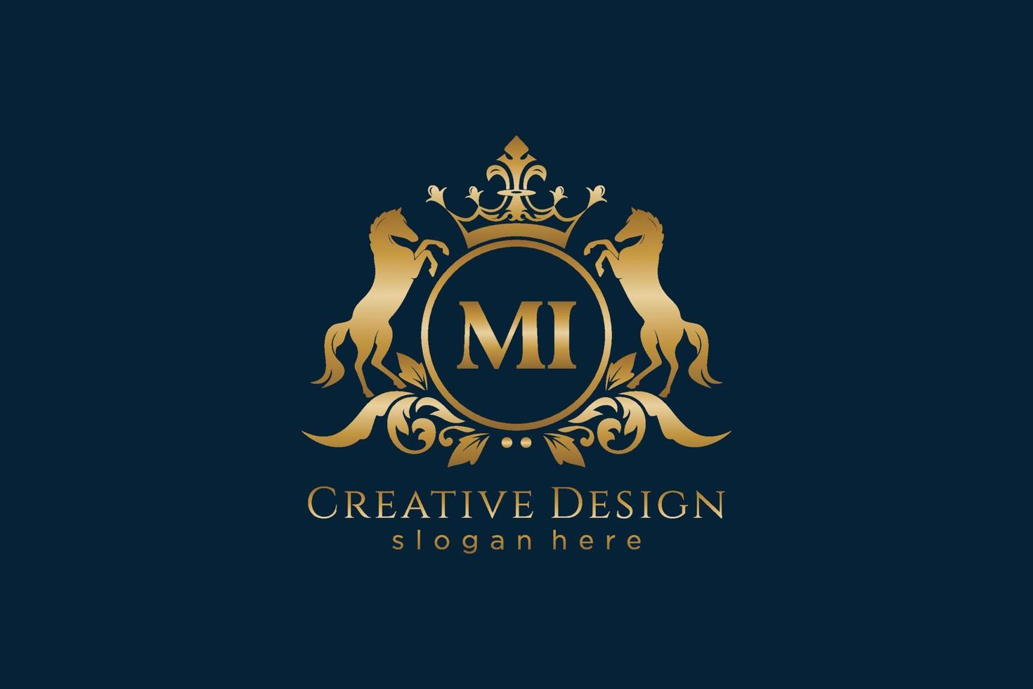 initial MI Retro golden crest with circle and two horses, badge template with scrolls and royal crown - perfect for luxurious branding projects vector