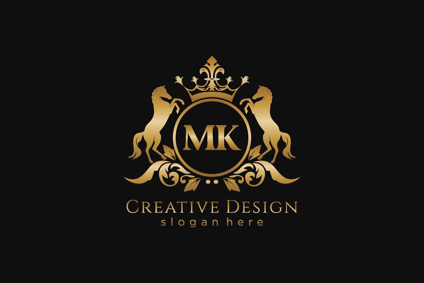 initial MK Retro golden crest with circle and two horses, badge template with scrolls and royal crown - perfect for luxurious branding projects vector