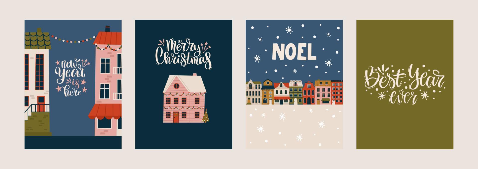 feliz navidad y feliz año nuevo conjunto de tarjetas de felicitación, carteles con varias casas pequeñas. diseño de navidad con letras, árbol, ciudad, copos de nieve en estilo de arte moderno. ilustración de moda dibujada a mano vector