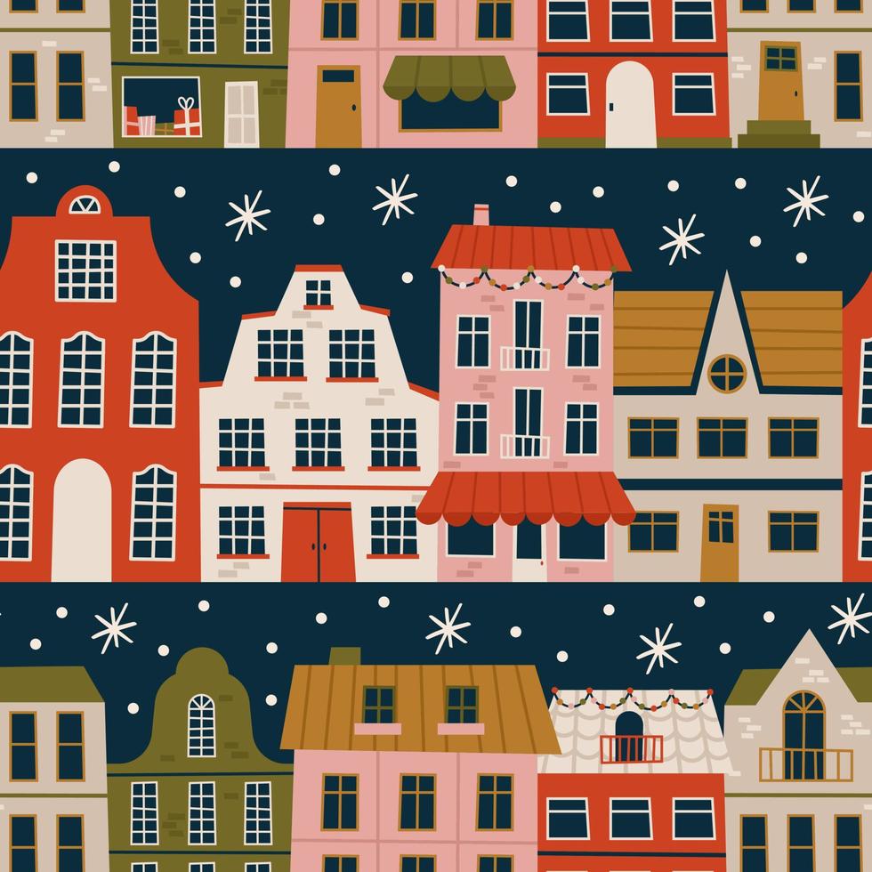 feliz navidad y feliz año nuevo de patrones sin fisuras con varias casas pequeñas. ilustraciones modernas dibujadas a mano. colorido arte contemporáneo vector