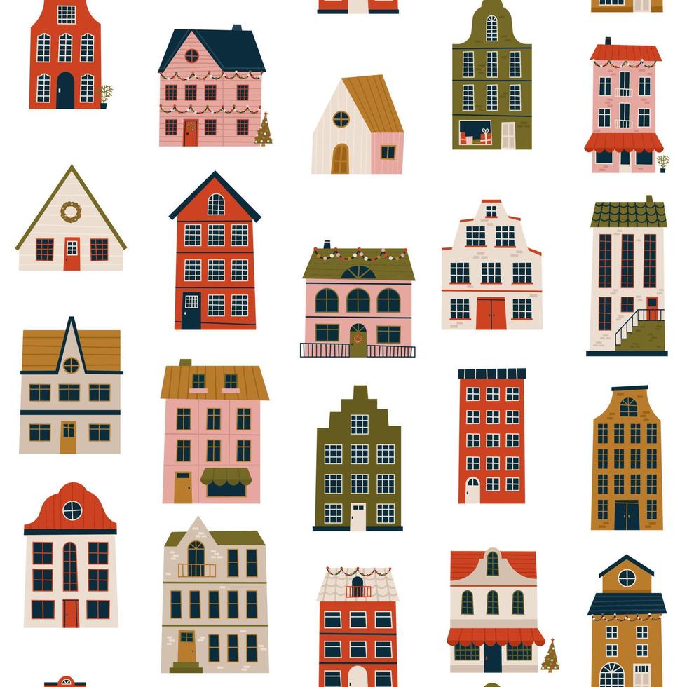 Merry Christmas and Happy New Year seamless pattern with various tiny houses. Modern hand draw illustrations. Colorful contemporary art vector