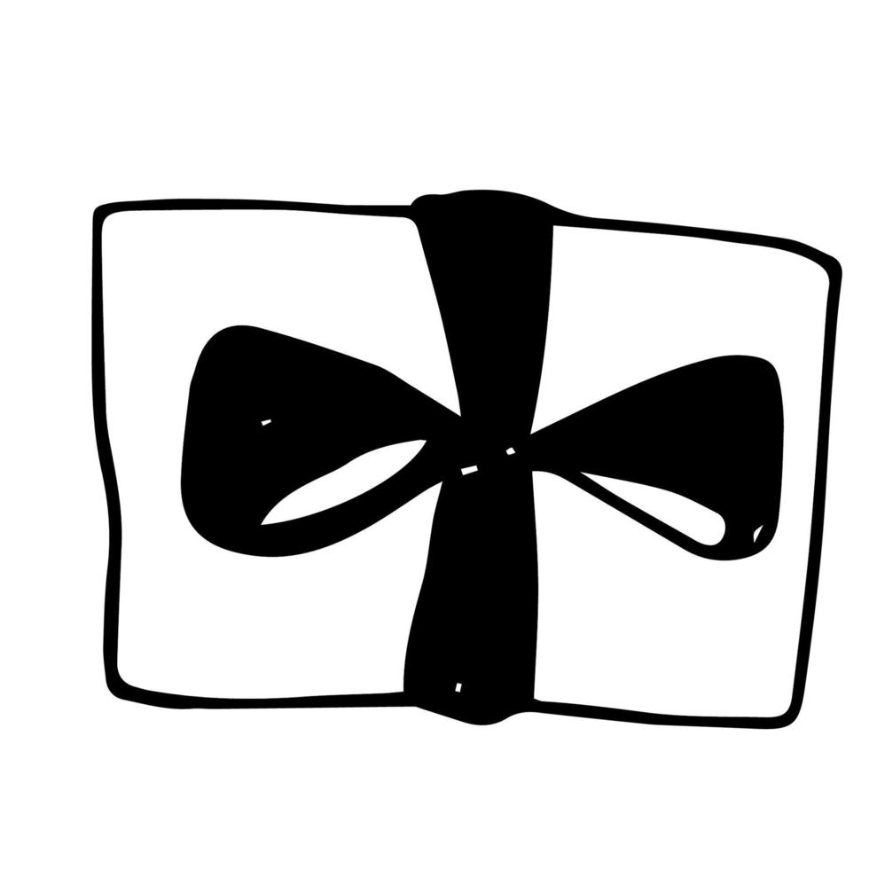 Vector illustration of a packing box with a bow. A gift, a surprise. A hand-drawn doodle. View from above.