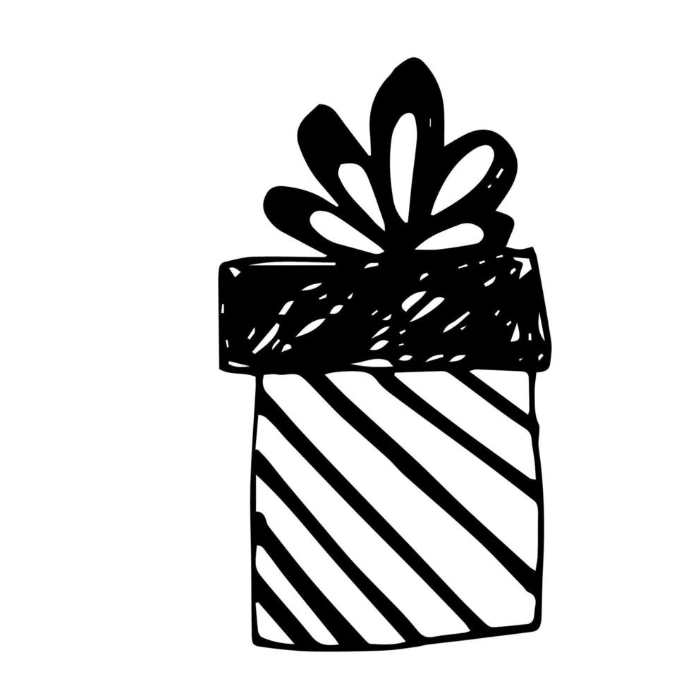 Vector illustration of a packing box with a bow. A gift, a surprise. A hand-drawn doodle. View from above.