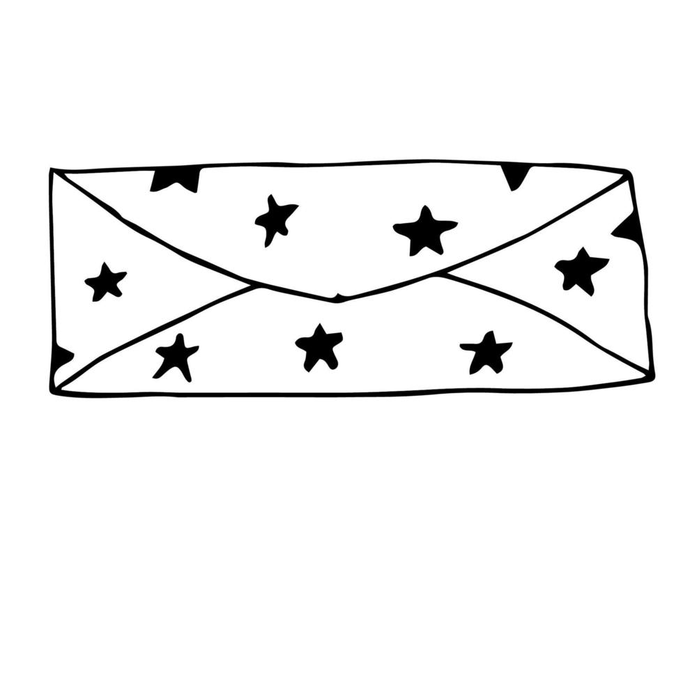 Vector illustration of an elongated postal envelope with asterisks. A hand-drawn doodle. Message, postcard, communication.