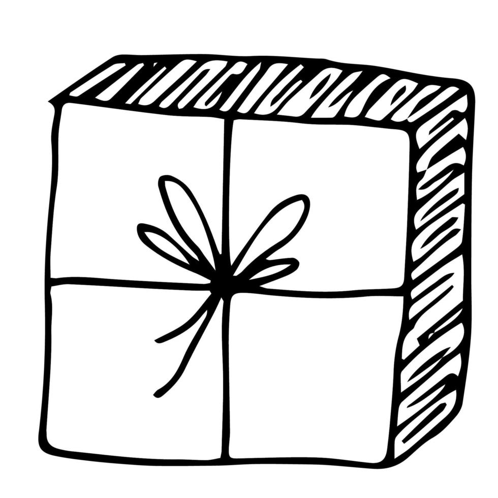 Vector illustration of a packing box with a bow. A gift, a surprise. A hand-drawn doodle. View from above.