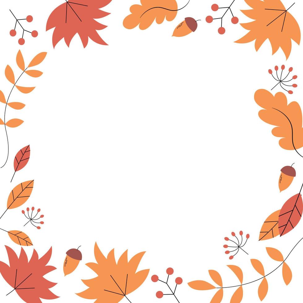 Autumn background with different leaves, berries and acorns. Vector illustration frame of autumn leaves, banner template. Helloween poster.