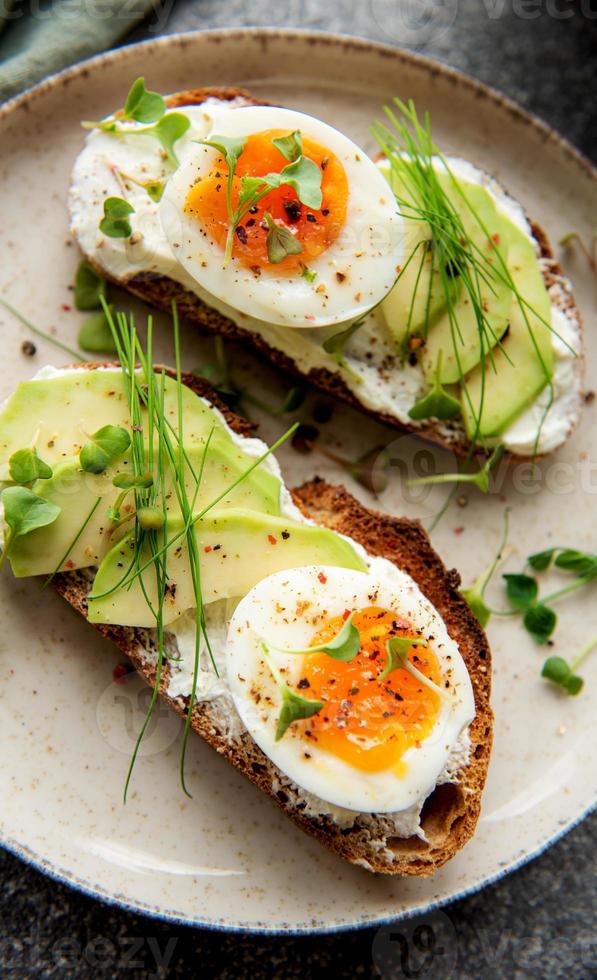 Bread toast, boiled eggs, avocado slice, microgreens on a plate photo