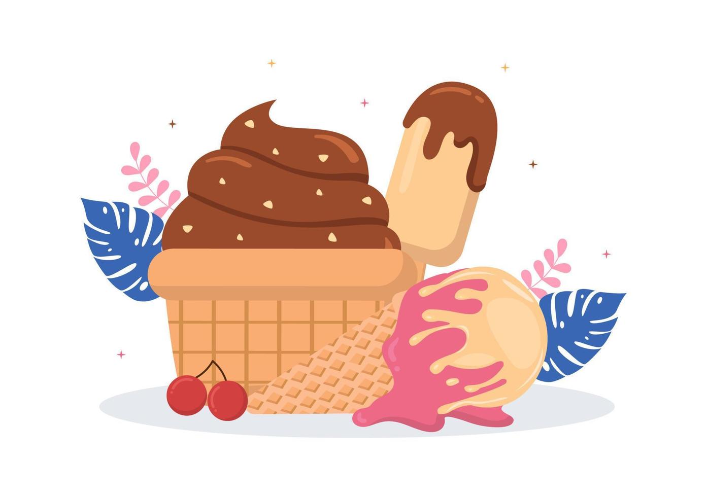 plantilla de heladería dibujada a mano ilustración plana de dibujos animados con delicioso postre y diseño de varios sabores vector