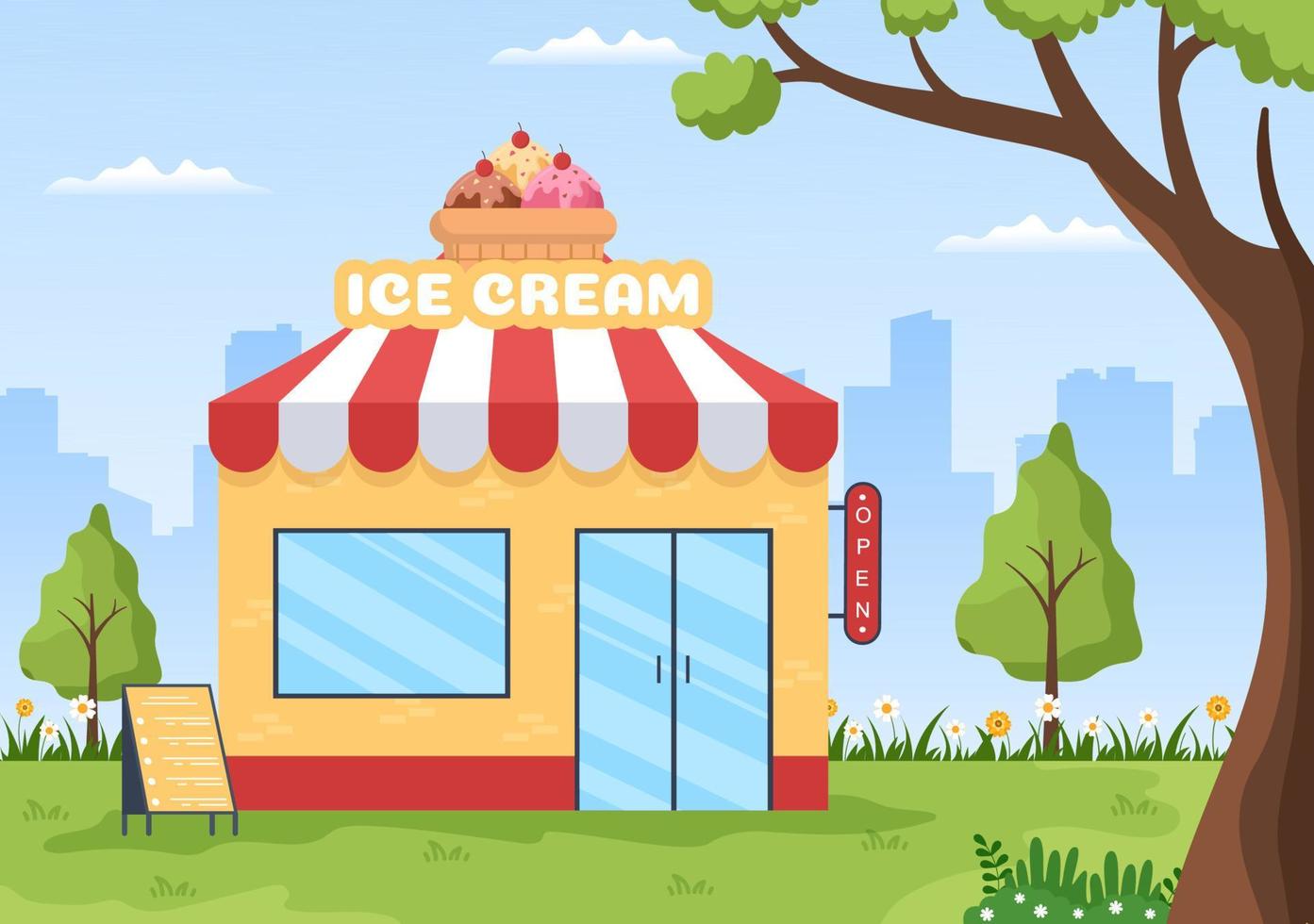 Ice Cream Store Template Hand Drawn Cartoon Flat Illustration with Delicious Dessert and Various Flavors Design vector