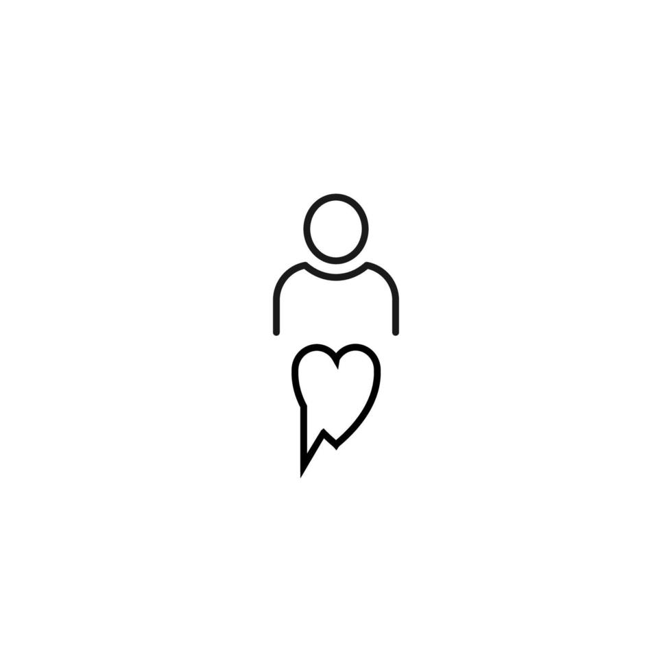 Black and white sign suitable for advertisement, web sites, stores, shops, apps. Editable stroke drawn with thin black line. Vector icon of user next to speech bubble in form of heart