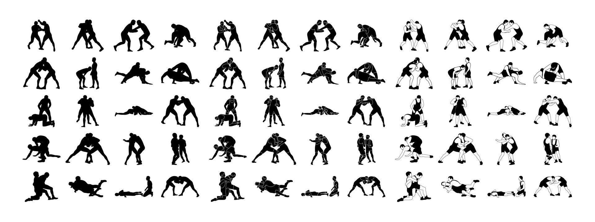 Big set silhouettes athlete wrestler in wrestling, duel, fight. Greco Roman, freestyle, classical wrestling vector