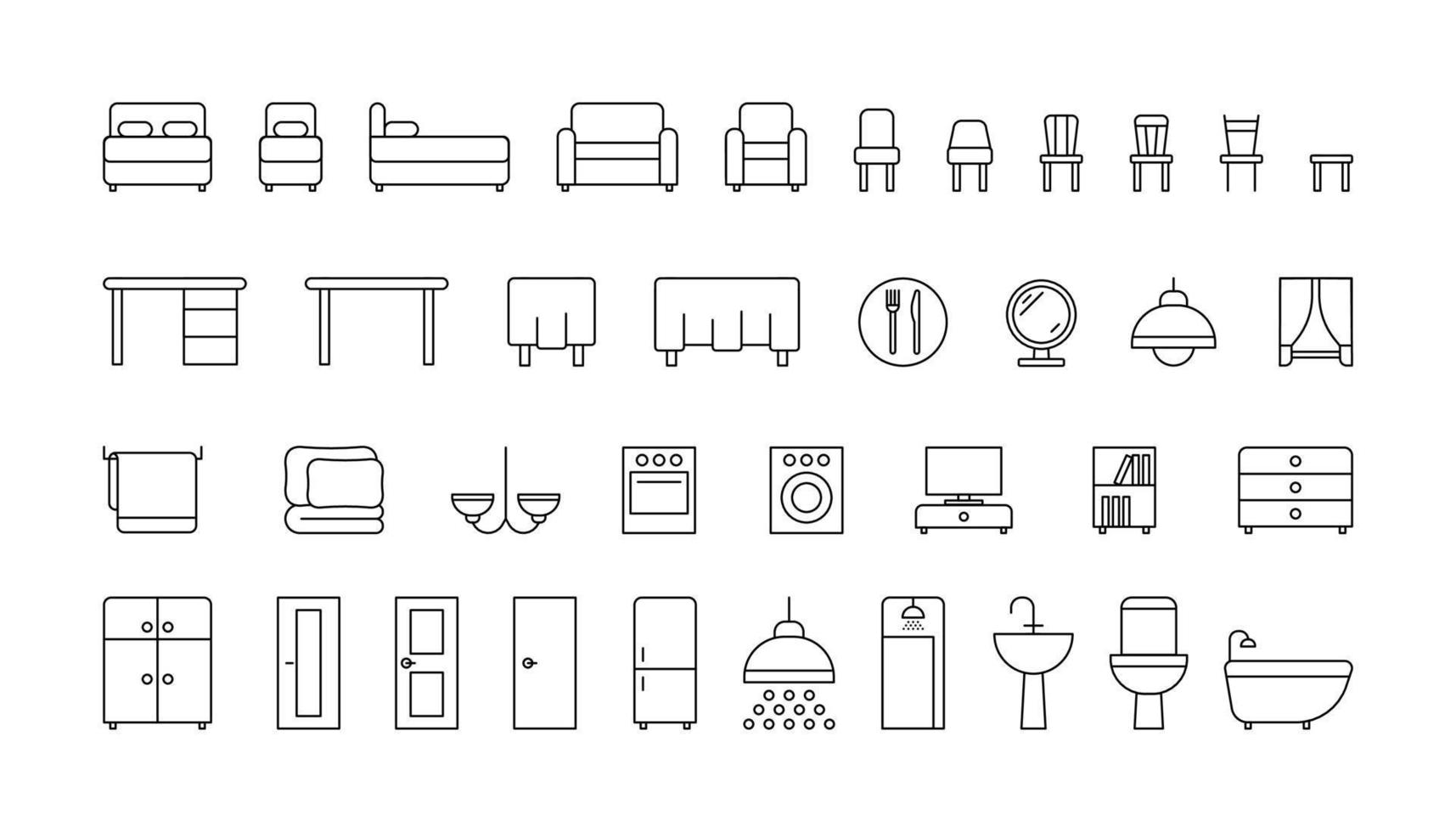 Bedroom and bathroom furniture line icon set. Single and double bed, sofa, shower, bath, accessories. Linear furniture for interior house, plumbing, home appliances. Vector outline sign
