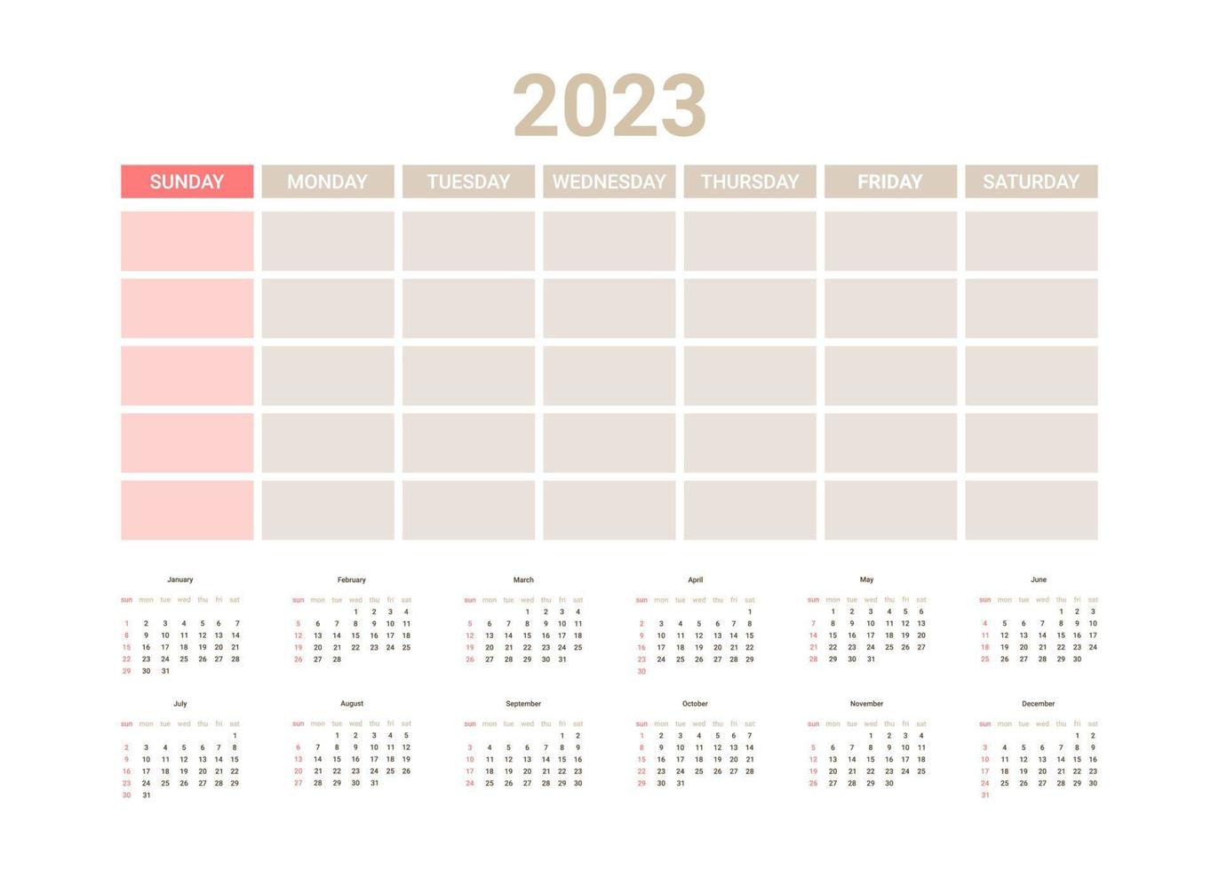 Planner English calendar of 2023 year, template daily schedule calender on one page. Weekly organizer, yearly planner template. Vector illustration