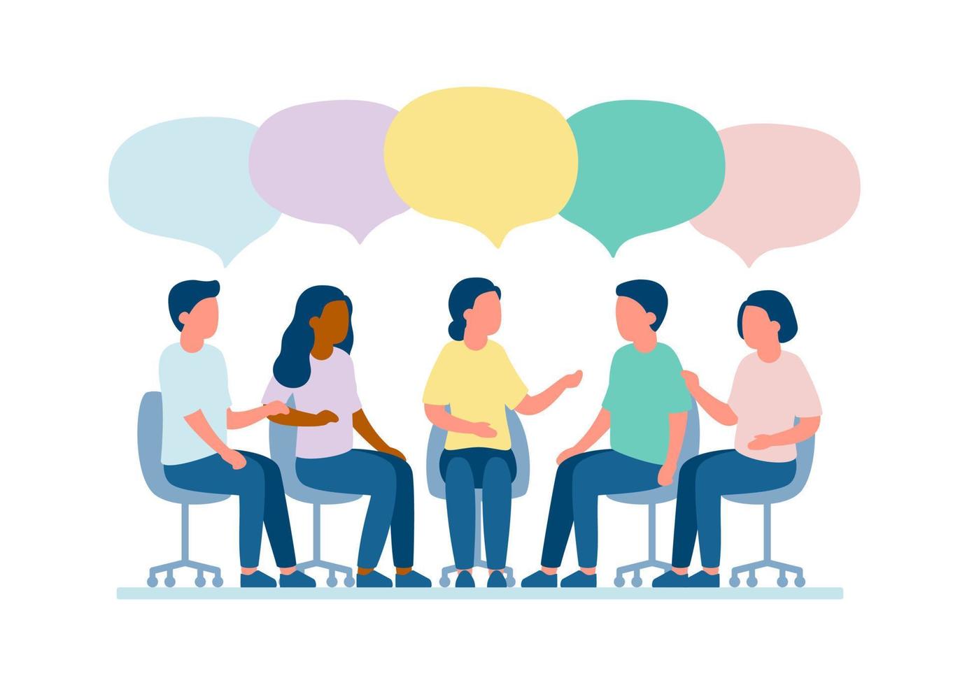 Meet of team of people for talk, dialog, communication, discussion, business relationship. Discuss problems together, exchange opinions of team worker. Support group. Vector illustration