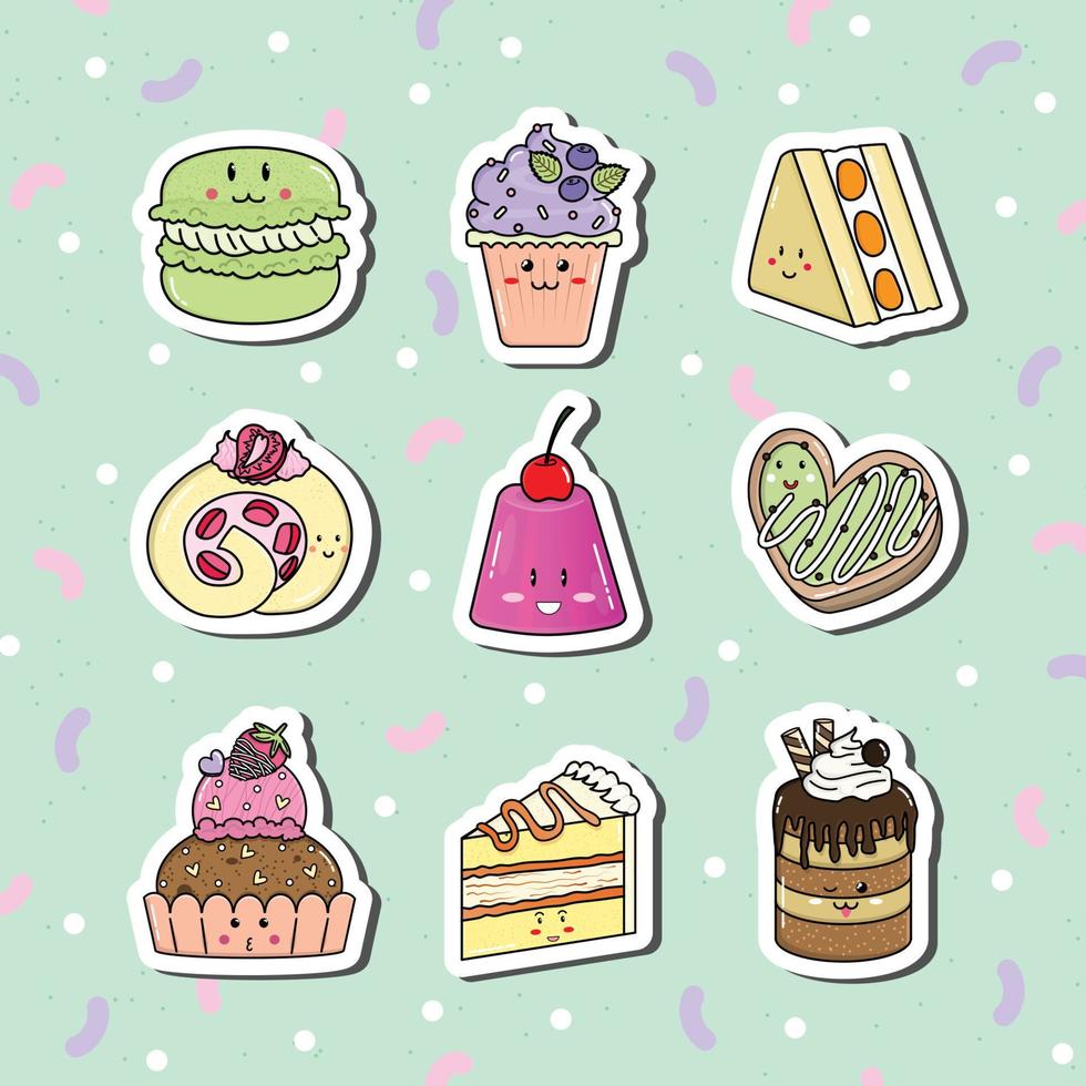 set de pegatinas kawaii de postre y comida vector