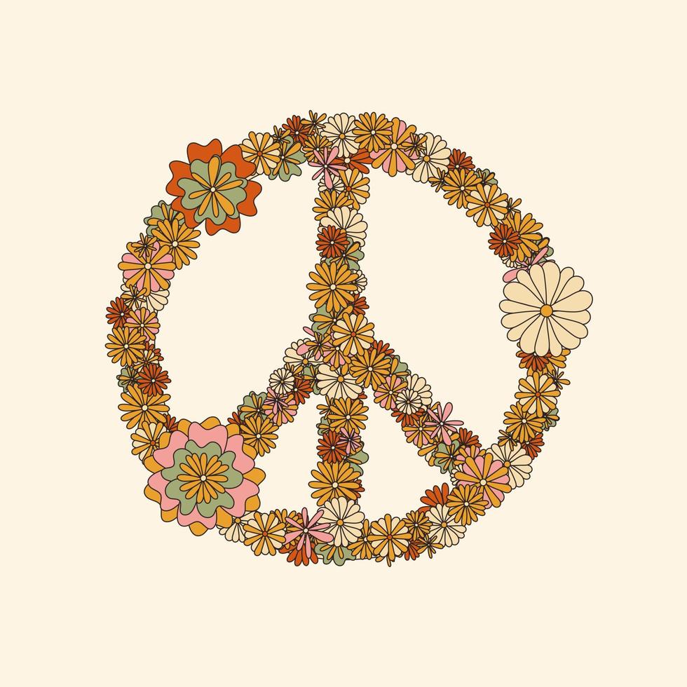 Peace sign decorated with flowers. Vector illustration of a groovy 70's style peace sign. Floral decoration in orange and pink colors