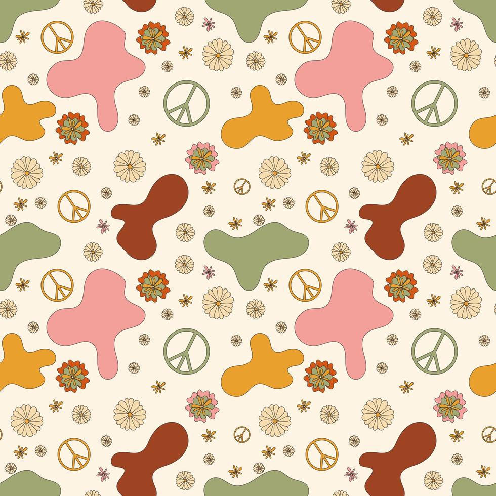 Seamless groovy 70s style pattern. Seamless vector with flowers and peace signs for tkami print or wrap.