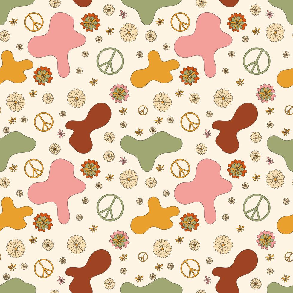 Seamless groovy 70s style pattern. Seamless vector with flowers and peace signs for tkami print or wrap.