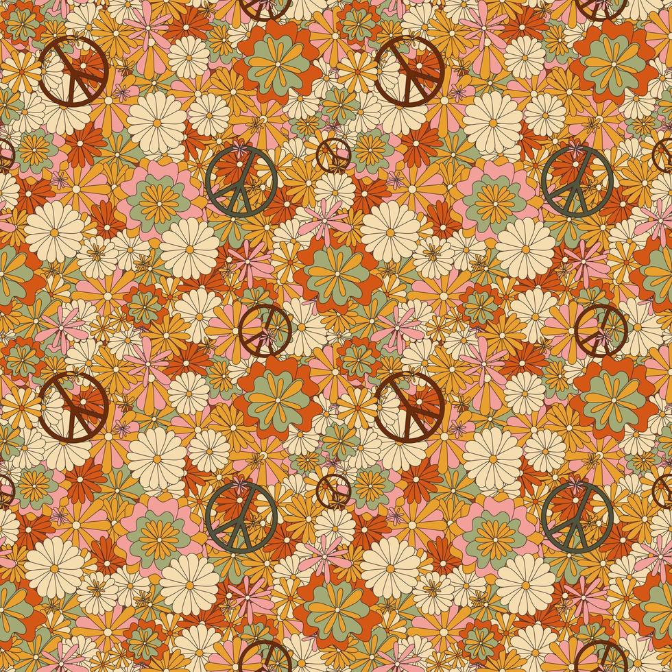 Seamless floral groovy pattern. Seamless vectorn with orange and pink flowers with peace sign for fabric or paper print. vector