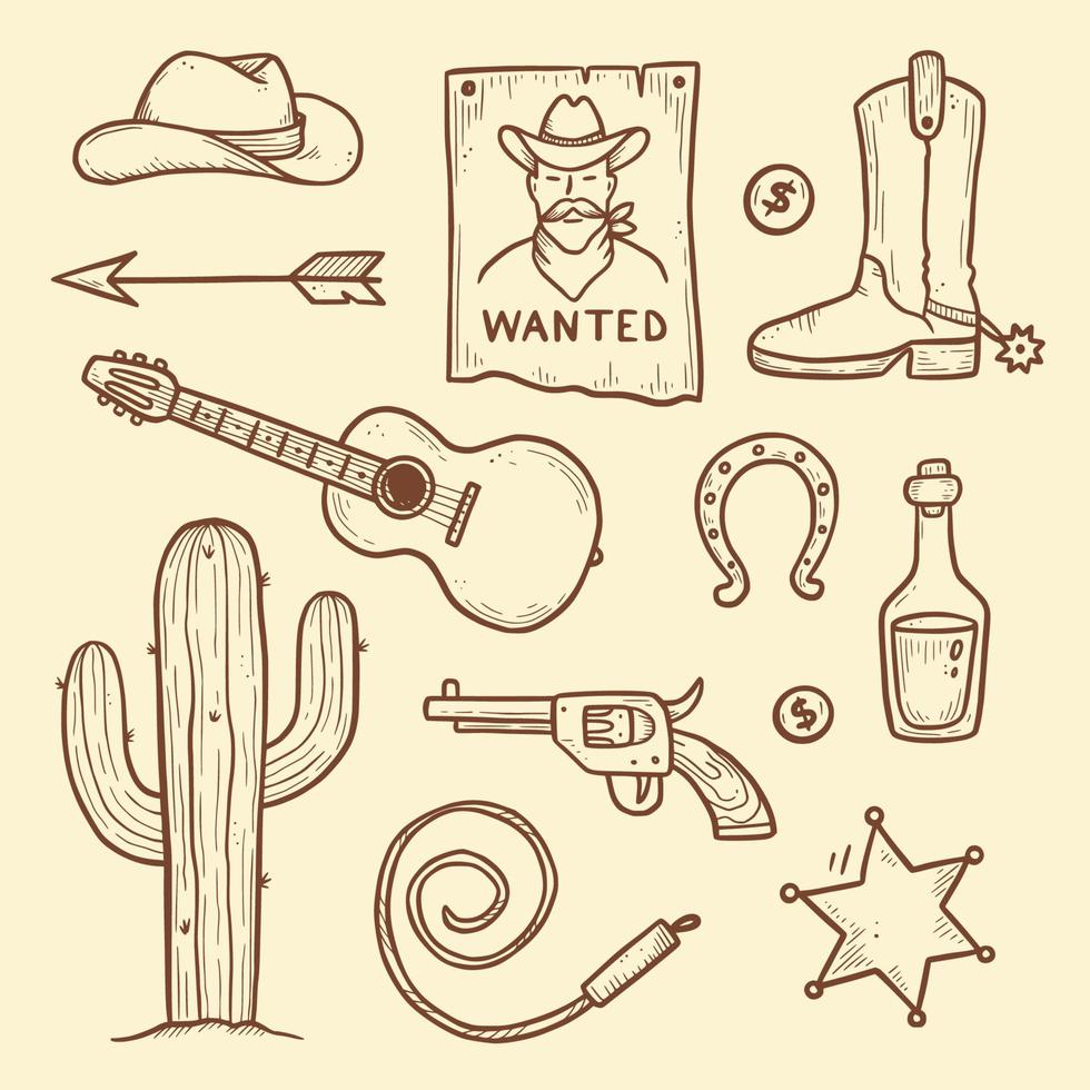 Cowboy western doodle set. Hand drawn vector